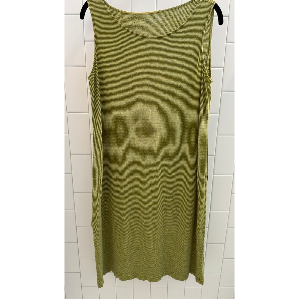 Eileen Fisher Small Linen Striped Sleeveless Shift Dress Olive Gold S3IZJ-4